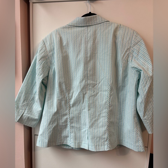 NWOT Sigrid Olsen Aqua & White Seersucker Stripe 3/4 Sleeve 2 Button Blazer | 16 - Picture 3 of 7